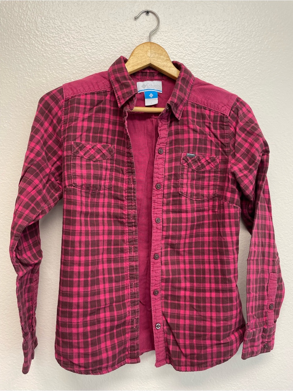 Columbia Women’s Small Pink Brown Plaid Button Up Cotton Shirt Western Granola